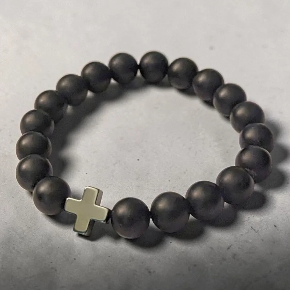 Men's Hematite Cross 10mm Black Beaded Bracelet
